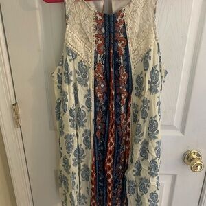 Taylor & Sage Cream Dress with Blue Paisley and Rust-Navy Center Panel